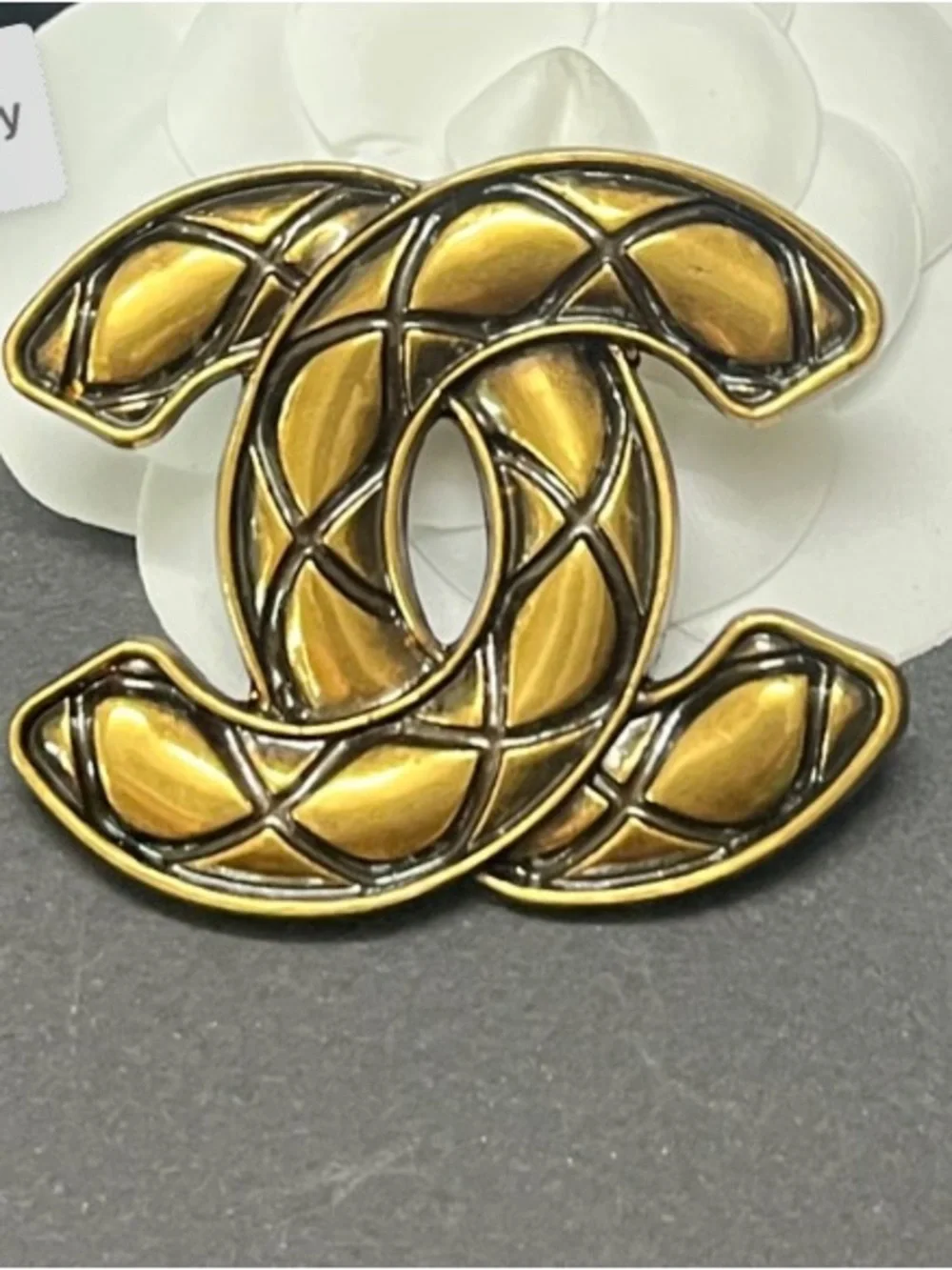 Double C Designer Large Quilted Look Antiqued Brooch
